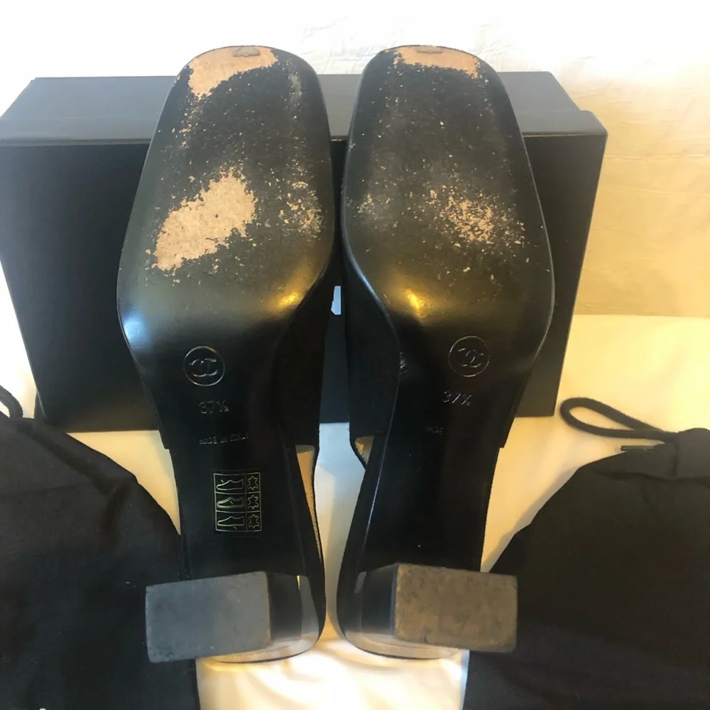 Chanel Cambon sling backs black suede with black patent toe EUC box & 2 dust bag - Picture 8 of 14